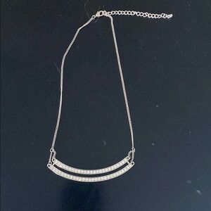 Silver Curved Bar Necklace Minimalist Design with Rhinestones